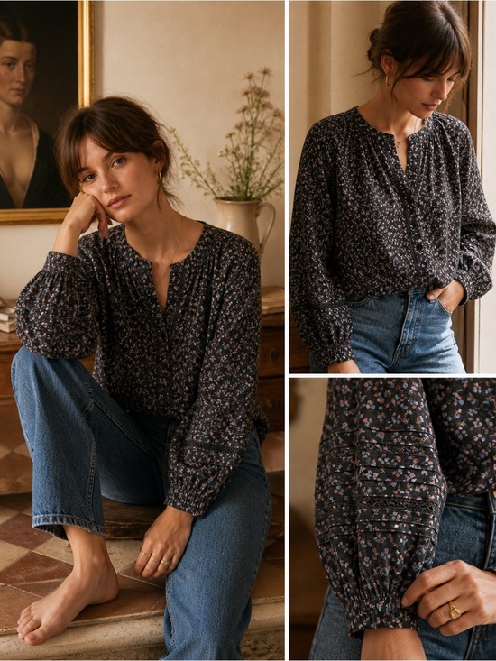 Lucky Brand Tops - Lucky Brand Black Floral Peasant Blouse with Pink and Blue Accents
